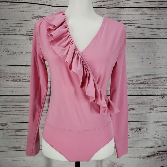 J.CREW Women's Pink V-Neck Ruffle  Wrap Long Sleeve Bodysuit Size M - Picture 1 of 12